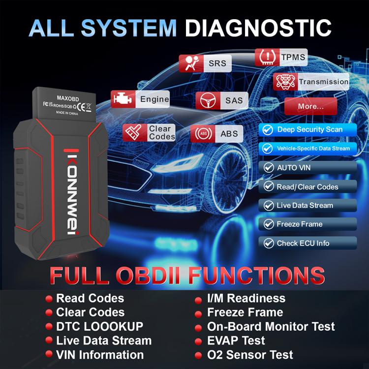 ⁧جهاز فحص نظام السيارة الكامل KONNWEI MAXOBD، أداة تشخيص أعطال OBD2، قراءة رموز الأعطال⁩