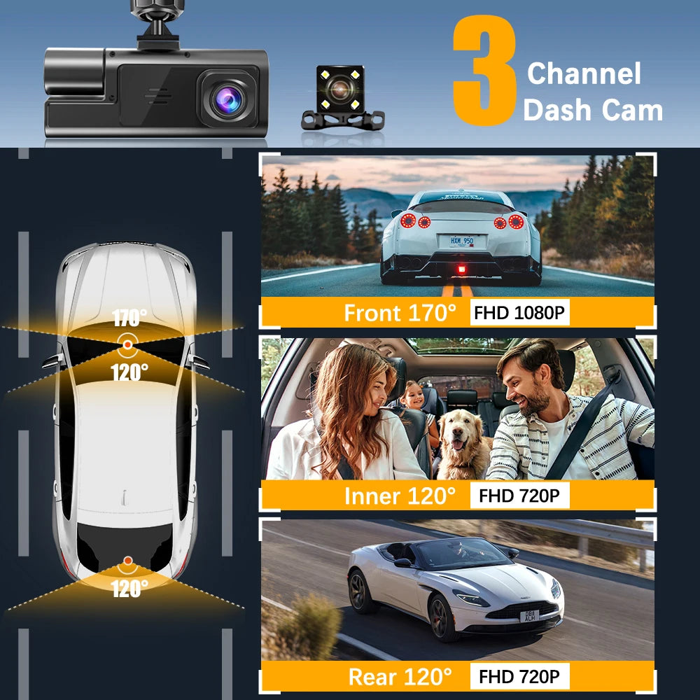 Dash Cam For Cars WIFI 3 Channels FHD 1080P Car DVR Driving Recorder Wide Angle Loop Recording Night Vision G-Sensor Tachograph