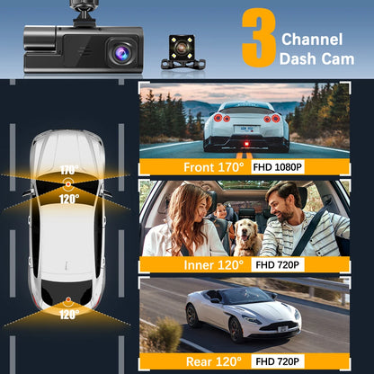 Dash Cam For Cars WIFI 3 Channels FHD 1080P Car DVR Driving Recorder Wide Angle Loop Recording Night Vision G-Sensor Tachograph