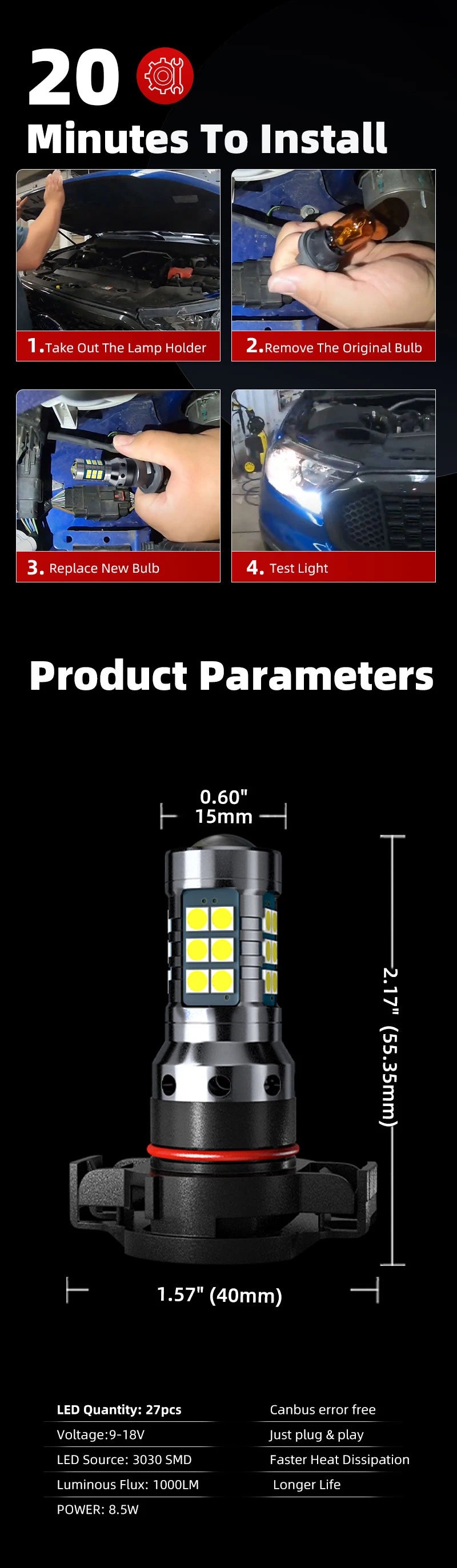2x Car LED Front Fog Lights Bulbs Canbus For Chevrolet Tahoe Suburban Colorado Silverado Camaro Avalanche Spark Captiva 07-18