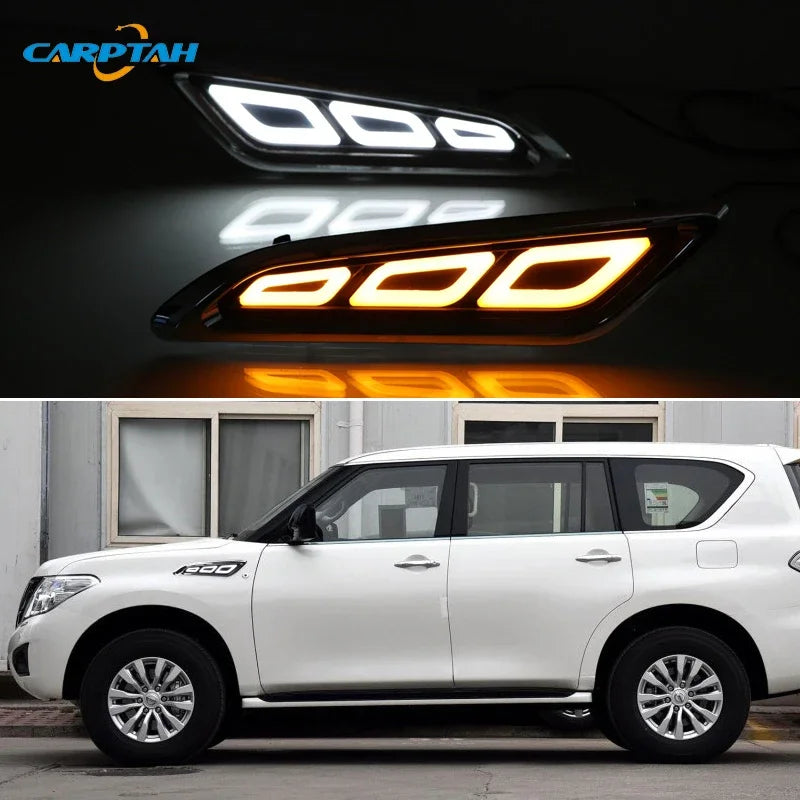 Car LED DRL 12V Daylights For Nissan Patrol 2016 - 2018 Yellow Turn Signal Daytime Running Headlamps Auto Driving Lamp Foglamps