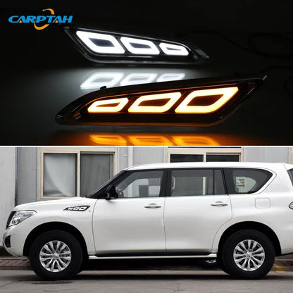 Car LED DRL 12V Daylights For Nissan Patrol 2016 - 2018 Yellow Turn Signal Daytime Running Headlamps Auto Driving Lamp Foglamps