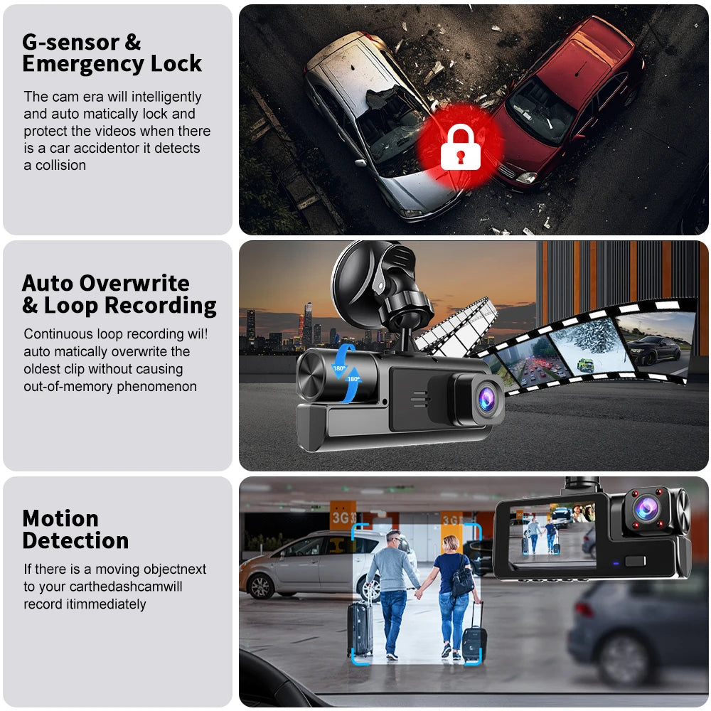 Dash Cam For Cars WIFI 3 Channels FHD 1080P Car DVR Driving Recorder Wide Angle Loop Recording Night Vision G-Sensor Tachograph