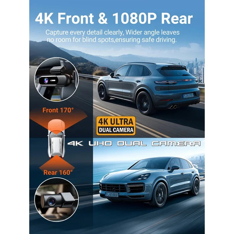 Dash Cam for cars 4K UHD Recording Front Rear Car Camera HDR Night Vision Recorder Built in Wi-Fi 24H Parking Mode APP Monitor