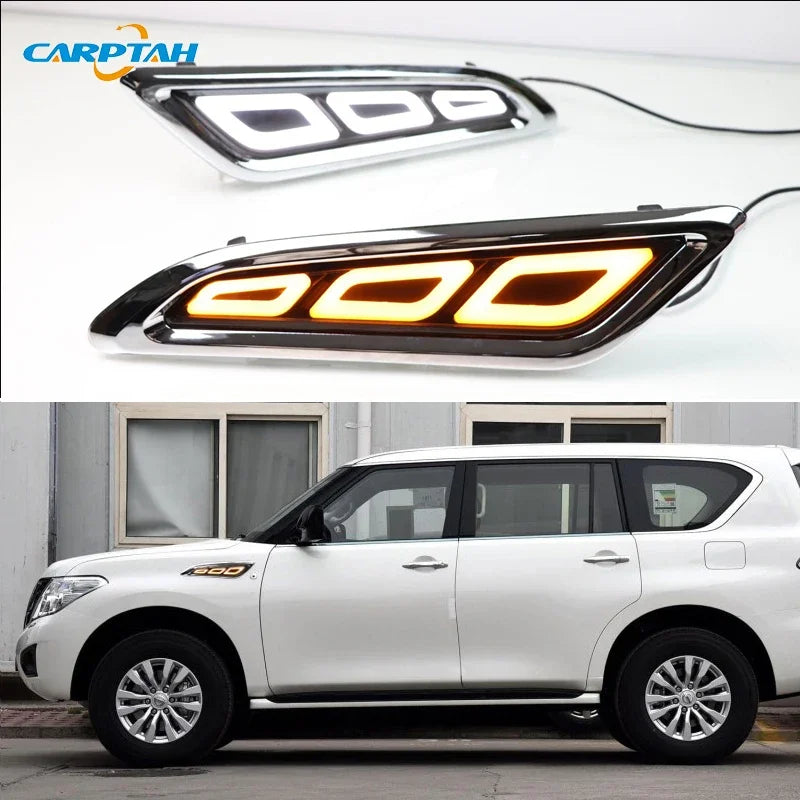 Car LED DRL 12V Daylights For Nissan Patrol 2016 - 2018 Yellow Turn Signal Daytime Running Headlamps Auto Driving Lamp Foglamps