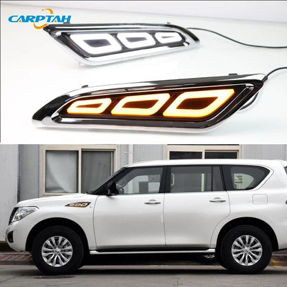 Car LED DRL 12V Daylights For Nissan Patrol 2016 - 2018 Yellow Turn Signal Daytime Running Headlamps Auto Driving Lamp Foglamps