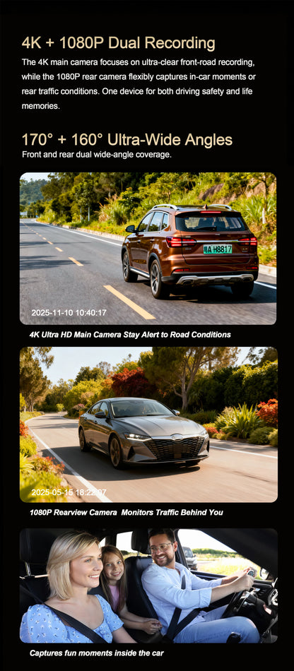 Dash Cam WiFi 4K Car Camera DVR Video Recorder Dual Front Rear HDR Night Vision Voice Control Parking Monito Dash Camera for Car