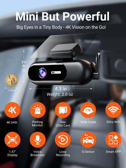 Dash Cam for cars 4K UHD Recording Front Rear Car Camera HDR Night Vision Recorder Built in Wi-Fi 24H Parking Mode APP Monitor