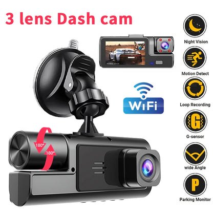 Dash Cam For Cars WIFI 3 Channels FHD 1080P Car DVR Driving Recorder Wide Angle Loop Recording Night Vision G-Sensor Tachograph